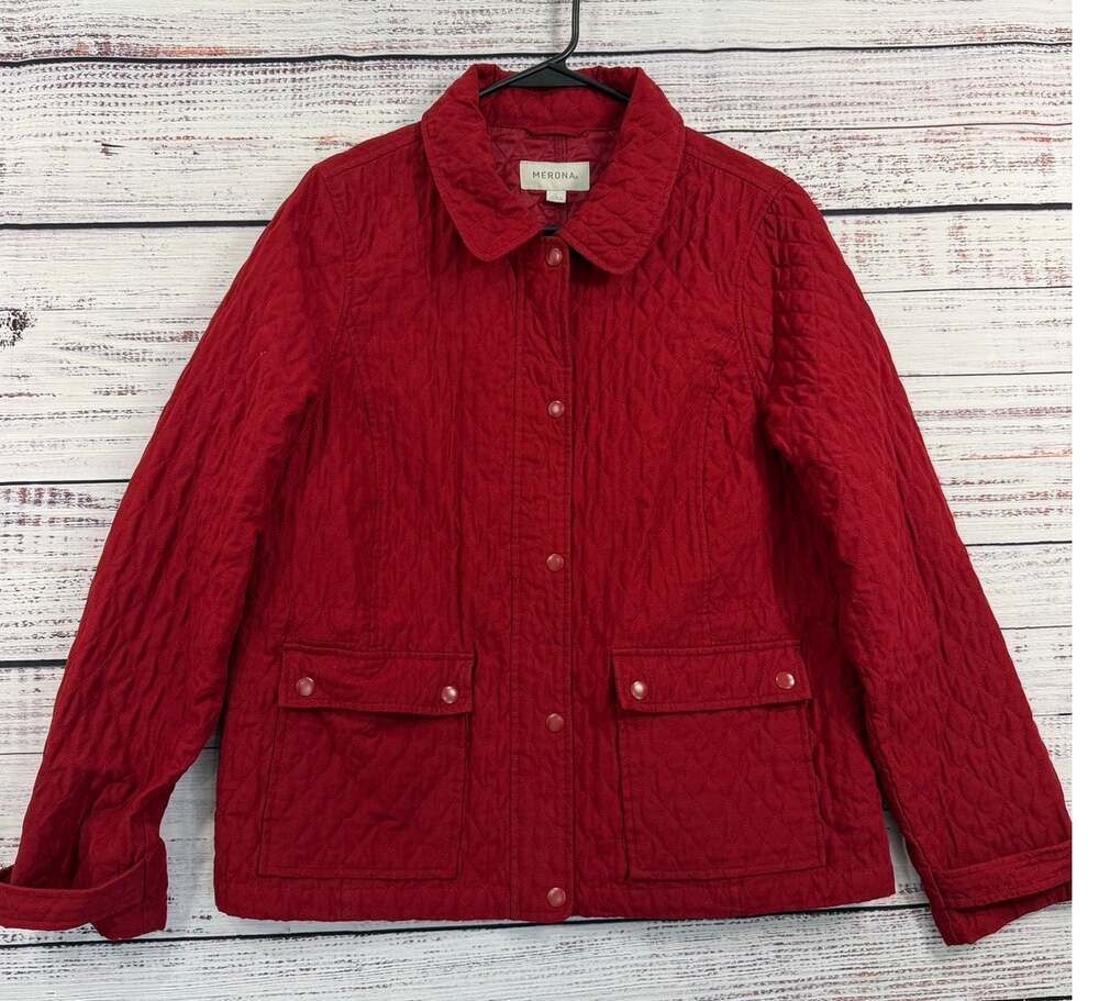 Merona Womens Quilted Jacket L Red Snap Front Barn Coat Collared Flap Pockets